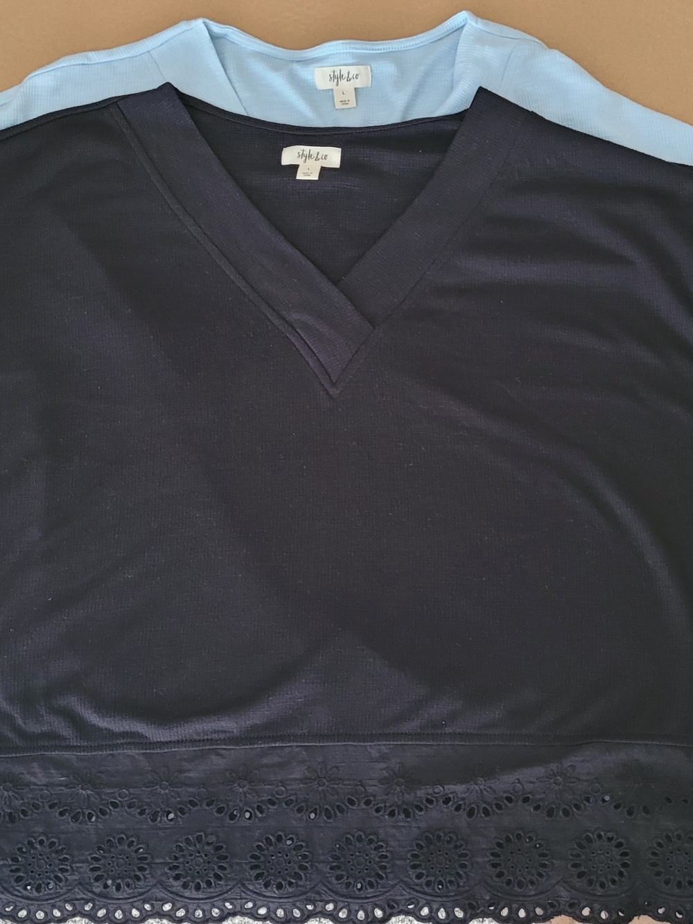 2 Style & Co. Layered V-Neck Top in Navy and Light Blue